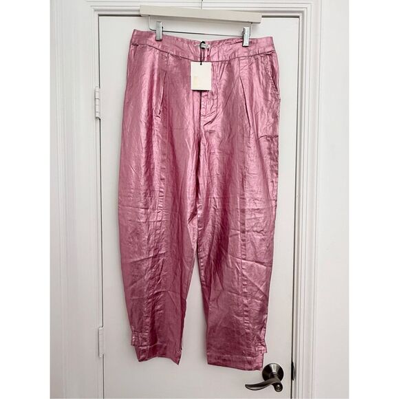 Lanhtropy Watermelon Pink Lime Gramercy Metallic Linen Pants Joggers Medium NWT